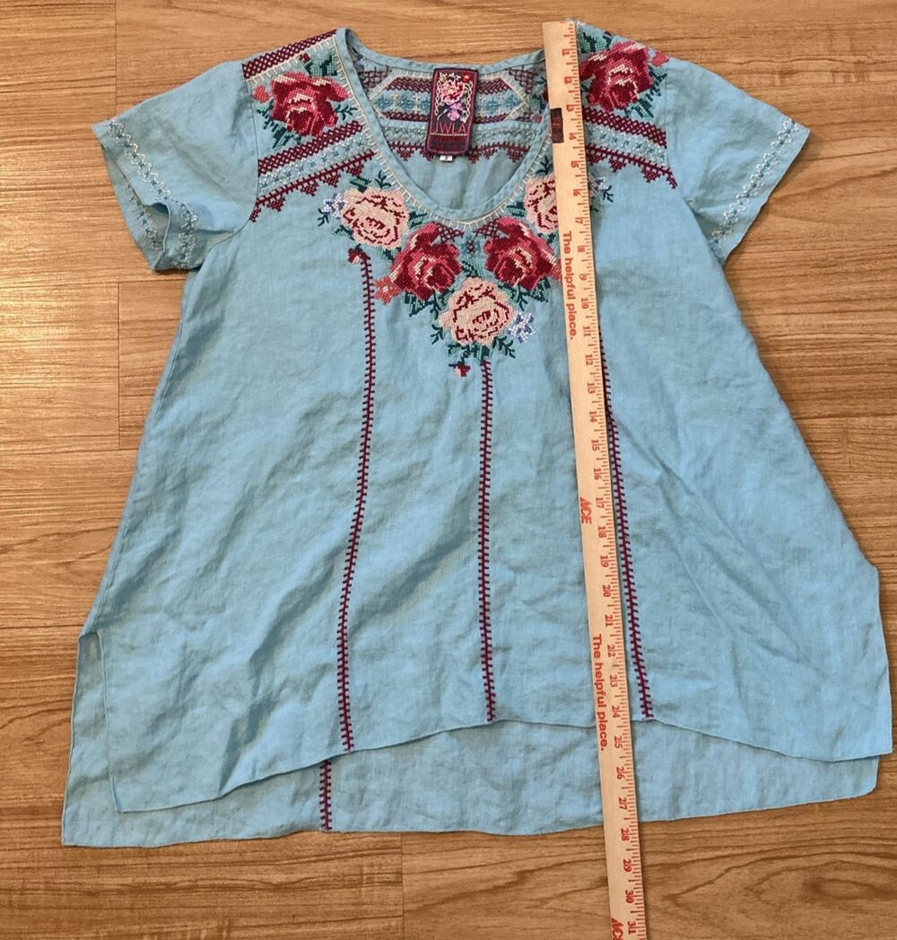 Johnny Was JWLA Womens S Blue V-Neck Embroidered Short Sleeve Tunic Rose Linen - Picture 10 of 11
